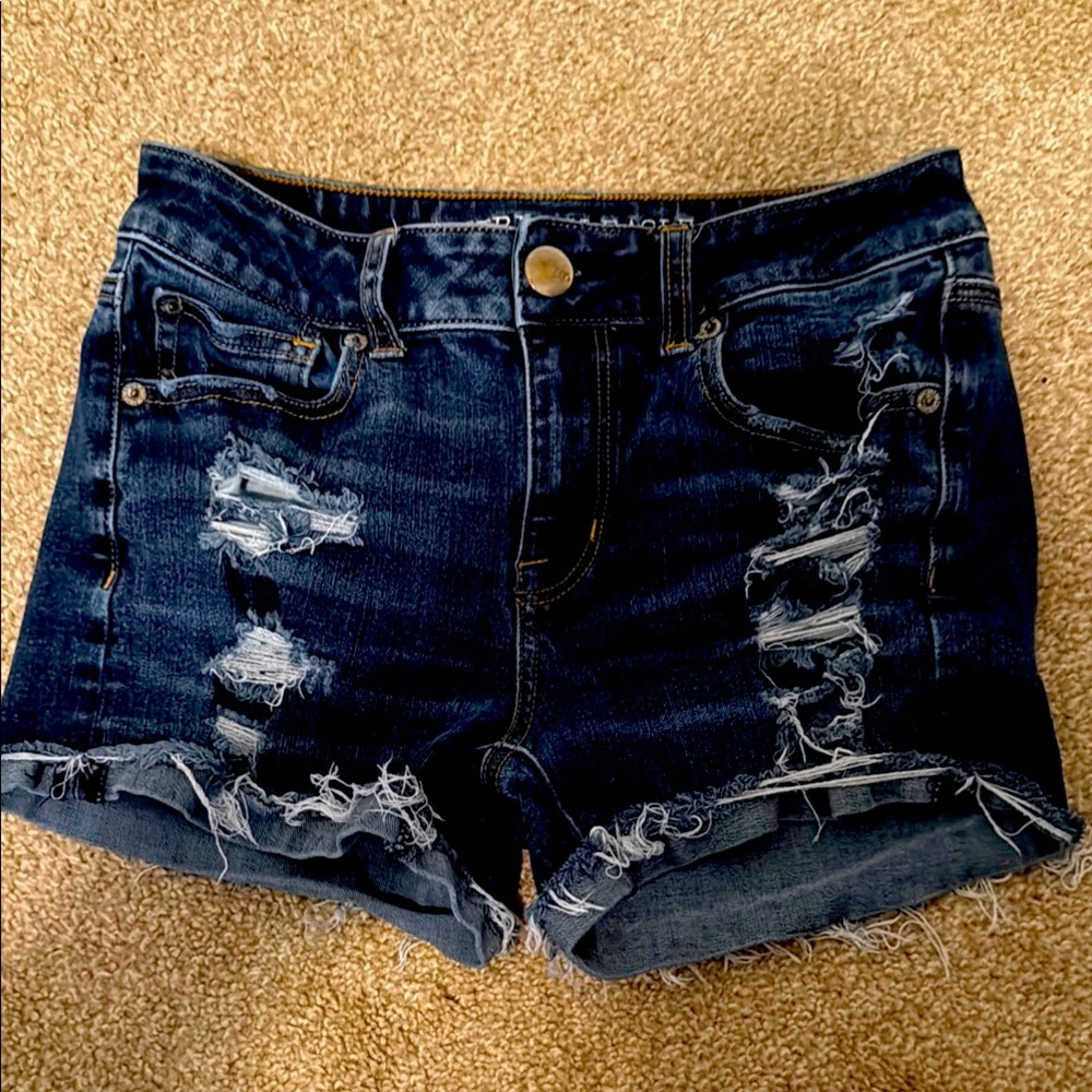 American Eagle Outfitters Dark Blue Distressed Jean Shorts